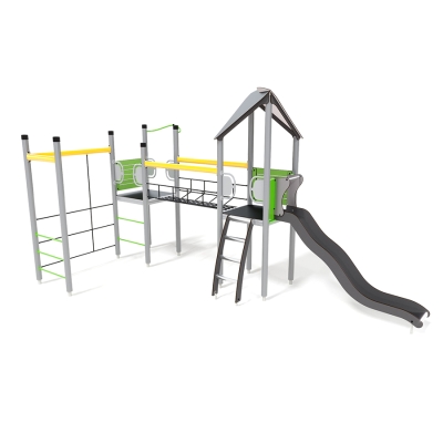 Το UniPlay Essentials Sinope, σχεδιασμένο για παιδιά ηλικίας 5-12 ετών, είναι μια δυναμική μονάδα παιχνιδιού δύο πύργων που ενισχύει το σωματικό και το περιπετειώδες παιχνίδι. Διαθέτει έναν τοίχο από σχοινί για επιπλέον διασκέδαση στην αναρρίχηση, προκαλώντας τα παιδιά να χρησιμοποιήσουν τη δύναμη και τον συντονισμό τους. Οι πύργοι συνδέονται με μια ταλαντευόμενη γέφυρα από σχοινί, προσφέροντας την επιλογή να περπατήσουν ή να σκαρφαλώσουν για να μετακινηθούν μεταξύ τους. Ο πρώτος πύργος είναι προσβάσιμος μέσω μιας σκάλας, που οδηγεί σε μια συναρπαστική τσουλήθρα για μια χαρούμενη κατάβαση. Ο δεύτερος πύργος εισάγει μια επιπλέον πρόκληση, απαιτώντας από τα παιδιά να διασχίσουν τον τοίχο από σχοινί ή να σκαρφαλώσουν χρησιμοποιώντας σκάλες με σκαλοπάτια, με σωλήνα να παρέχει μια γρήγορη και συναρπαστική κατάβαση.