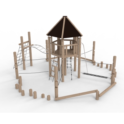 Το Δεντρόσπιτο είναι ένα σύμπαν γεμάτο προκλήσεις ισορροπίας και αναρρίχησης, προσκαλώντας τα παιδιά σε ενεργό παιχνίδι και εξερεύνηση. Στην καρδιά του συστήματος, το δεντρόσπιτο/πύργος σας καλεί περιτριγυρισμένο με στύλους ισορροπίας, δοκούς, ξυλοπόδαρα και ένα κεκλιμένο δίχτυ αναρρίχησης που οδηγεί στις μπάρες - μια πρόκληση για τους τολμηρούς. Τα παιδιά μπορούν να εξερευνήσουν πολλαπλά μονοπάτια προς το δεντρόσπιτο και την κορυφή του πύργου, με επιλογές όπως το κοντάρι του πυροσβέστη και η σκάλα με δοκούς, εξασφαλίζοντας διασκεδαστικές προκλήσεις για όλους. Τα στοιχεία σε αυτό το σύστημα πύργου εκπαιδεύουν την ισορροπία, τον συντονισμό και τη σωματική δύναμη των παιδιών. Καθώς πλοηγούνται στις προκλήσεις, αναπτύσσουν στρατηγική σκέψη και μαθαίνουν να υπολογίζουν τις αποστάσεις. Καθώς το παιχνίδι εξελίσσεται, τα παιδιά μαθαίνουν να συνεργάζονται, να περιμένουν τη σειρά τους και να υποστηρίζουν το ένα το άλλο.