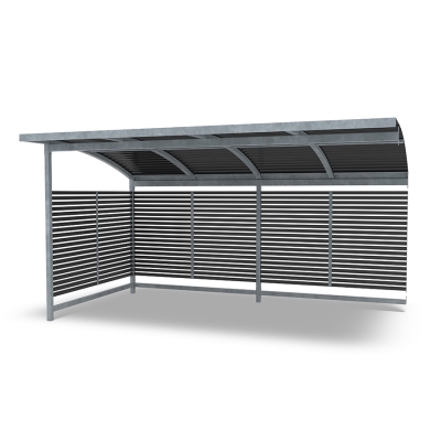 Επεκτείνετε το στέγαστρο ποδηλάτων Stella για να δημιουργήσετε χώρο για ακόμη περισσότερα ποδήλατα ή χρησιμοποιήστε τον χώρο ως στέγαστρο για καρότσια ή ως σταθμό διαλογής απορριμμάτων. Αυτή η παραλλαγή διαθέτει καμπυλωτή οροφή από κασσίτερο.