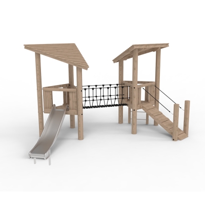 Αυτό το σύστημα πύργων έχει σχεδιαστεί για παιδιά μεγαλύτερης ηλικίας προσχολικής ηλικίας. Οι δύο διασυνδεδεμένοι τριγωνικοί πύργοι παιχνιδιού συνδέονται με μια κρεμαστή γέφυρα, η οποία προκαλεί τις δεξιότητες ισορροπίας του παιδιού. Οι πύργοι συνδυάζουν το παιχνίδι με τις κινητικές δεξιότητες και την προπόνηση δύναμης. Η κρεμαστή γέφυρα επιτρέπει στα παιδιά να μετακινούνται από πύργο σε πύργο, ενισχύοντας τις κοινωνικές τους δεξιότητες. Οι τρεις επιλογές αναρρίχησης, μια κάθετη σκάλα, ένα γωνιακό δίχτυ και μια ράμπα, παρέχουν κατάλληλες προκλήσεις για αυτήν την ηλικιακή ομάδα. Η κεκλιμένη οροφή προσφέρει προστασία από τον ήλιο και τη βροχή, δημιουργώντας την αίσθηση ότι βρίσκεστε σε έναν πύργο ή ένα παιδότοπο. Υπερυψωμένα από το έδαφος, τα παιδιά μπορούν να απολαύσουν τη θέα κατεβαίνοντας γρήγορα την τσουλήθρα.