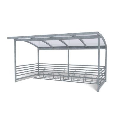 Η στέγη ποδηλάτου Capella με 2 σχάρες ποδηλάτου Gemini είναι μια ανθεκτική λύση χαμηλής συντήρησης για οργανωμένη αποθήκευση ποδηλάτων σε εξωτερικούς χώρους. Σχεδιασμένη με γαλβανισμένες τετράγωνες κολόνες και στιβαρή οροφή, η στέγη Capella είναι ιδανική για σχολεία, πάρκα και κατοικημένες περιοχές. Η στιβαρή της κατασκευή μπορεί να φιλοξενήσει έως και 12 ποδήλατα και μπορεί να επεκταθεί σε διάφορες διαμορφώσεις για να καλύψει μεγαλύτερες ανάγκες. Σε συνδυασμό με δύο ανεξάρτητες, γαλβανισμένες σχάρες ποδηλάτου Gemini - η καθεμία χωράει έξι ποδήλατα - αυτή η διάταξη εξασφαλίζει ευέλικτη και ασφαλή στάθμευση. Εύκολη στην εγκατάσταση και κατασκευασμένη για να αντέχει στα στοιχεία της φύσης, η στέγη Capella προσφέρει μια αξιόπιστη, μακροπρόθεσμη λύση αποθήκευσης για οποιονδήποτε δημόσιο ή ιδιωτικό εξωτερικό χώρο. Αυτή η παραλλαγή διαθέτει θολωτή πλαστική οροφή.