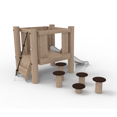 Αυτός ο τετράγωνος πύργος παιχνιδιού έχει σχεδιαστεί για τα μικρότερα παιδιά. Ο πύργος συνδυάζει το παιχνίδι με την κινητική και μυϊκή άσκηση. Τα δύο σημεία πρόσβασης, μια σανίδα αναρρίχησης με σχοινί και σκαλοπάτια ισορροπίας, προσφέρουν προκλήσεις κατάλληλες για τα μικρότερα παιδιά, είτε μπουσουλάνε είτε περπατούν. Ελαφρώς υπερυψωμένα από το έδαφος, τα παιδιά μπορούν να απολαύσουν τη θέα πριν γλιστρήσουν κάτω από την τσουλήθρα.