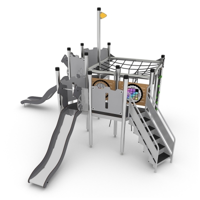 Το UniPlay Nahoj είναι μια συναρπαστική μονάδα παιδικής χαράς πολλαπλών παιχνιδιών με θέμα το κάστρο, σχεδιασμένη για παιδιά ηλικίας 5 ετών και άνω, που εμπνέει ευφάνταστες περιπέτειες και δημιουργικό παιχνίδι ρόλων. Προστατευμένη με κανόνια, διαθέτει δύο τσουλήθρες σε διαφορετικά ύψη, έναν τοίχο αναρρίχησης και ένα χωνί, προσφέροντας μια σειρά από προκλήσεις που ταιριάζουν σε διάφορες ικανότητες. Η προσβάσιμη σκάλα με κιγκλιδώματα εξασφαλίζει το παιχνίδι για όλους, ενώ τα διεγερτικά πάνελ παιχνιδιού παρέχουν ευκαιρίες για κοινωνικό και ατομικό παιχνίδι, ενισχύοντας τις οπτικές εμπειρίες και τη γνωστική ανάπτυξη. Ιδανικό για πάρκα, σχολεία και παιδικές χαρές, το Castle Nahoj συνδυάζει τη σωματική δραστηριότητα, τη φαντασία και την κοινωνική αλληλεπίδραση σε ένα μοναδικό και ελκυστικό σχέδιο.