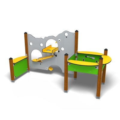 Η αμμοδόχος Sanda διαθέτει έξι ενδιαφέροντα στοιχεία: ένα μικρό αμμοδοχείο με κουτάλα άμμου, τρία βοηθητικά τραπέζια, ένα μεγάλο διαδραστικό πάνελ άμμου και έναν πάγκο σε στιλ καταστήματος. Σχεδιασμένο για σχολεία, νηπιαγωγεία και δημόσιες παιδικές χαρές, αυτό το συμπαγές σύστημα ενθαρρύνει τη δημιουργικότητα, το παιχνίδι ρόλων και την αισθητηριακή εξερεύνηση. Τα παιδιά μπορούν να σκάψουν, να διαμορφώσουν και να προσποιηθούν, αναπτύσσοντας λεπτές κινητικές δεξιότητες, συντονισμό χεριού-ματιού και κοινωνική αλληλεπίδραση καθώς παίζουν μαζί. Ο συνδυασμός Sanda προσφέρει μια ολοκληρωμένη εμπειρία παιχνιδιού με άμμο σε μια μορφή που εξοικονομεί χώρο, ιδανική για μάθηση σε εξωτερικούς χώρους και παιχνίδι με φαντασία. Τα υπερυψωμένα αμμοδοχεία παρέχουν ευκολότερη πρόσβαση για χρήστες αναπηρικών αμαξιδίων, υποστηρίζοντας πιο συμπεριληπτικό παιχνίδι. Οι χρωματικές αντιθέσεις που χρησιμοποιούνται σε αυτόν τον συνδυασμό βοηθούν επίσης στη βελτίωση της ορατότητας για παιδιά με προβλήματα όρασης.