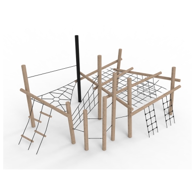 Το Σύστημα Αναρρίχησης "Midi" προσφέρει μια μεγάλη ποικιλία από συναρπαστικές δραστηριότητες αναρρίχησης και ισορροπίας. Περιλαμβάνει σκάλες από σχοινί, μια σκάλα με δοκούς και άνισα κατανεμημένα σκαλοπάτια, πολλά δίχτυα αναρρίχησης και λεπτά μονοπάτια ισορροπίας, όλα εμπνέοντας τα παιδιά να εξερευνήσουν και να πλοηγηθούν σε διαφορετικά ύψη. Δύο οριζόντια δίχτυα, το ένα σε σχήμα ιστού αράχνης και το άλλο εμπλουτισμένο με δοκούς για να προκαλέσουν την ικανότητα των παιδιών να πλοηγηθούν μέσα στο δίχτυ, προσθέτουν ενθουσιασμό στο ύψος. Η σκάλα από σχοινί με κλιμακωτά σκαλοπάτια εισάγει μια επιπλέον διάσταση στο παιχνίδι αναρρίχησης, προκαλώντας τον κινητικό συντονισμό των παιδιών. Καθώς περνούν μέσα από αυτές τις πολύπλοκες δομές, εξασκούν την ικανότητά τους να εκτιμούν τις αποστάσεις και τη σωματική τους δύναμη. Αυτός ο εξοπλισμός έχει άφθονο χώρο για να παίξουν μαζί πολλά παιδιά, προωθώντας την κοινωνική αλληλεπίδραση μέσω της ομαδικής εργασίας, της ανταλλαγής και του σχεδιασμού σε ένα παιχνιδιάρικο και διεγερτικό περιβάλλον.