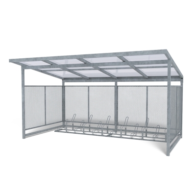 Η στέγη ποδηλάτων Nova με 2 σχάρες ποδηλάτων Gemini προσφέρει μια κομψή, ανθεκτική λύση για ασφαλή αποθήκευση ποδηλάτων σε εξωτερικούς χώρους. Κατασκευασμένη με γαλβανισμένους στύλους από χάλυβα, διαφανή πάνελ και στιβαρή οροφή, η στέγη Nova προστατεύει από τα στοιχεία της φύσης, εξασφαλίζοντας παράλληλα ορατότητα και εύκολη πρόσβαση. Ιδανική για σχολεία, πάρκα, κατοικημένες περιοχές και δημόσιους χώρους, μπορεί επίσης να χρησιμεύσει ως στέγη για καρότσι ή σταθμός διαλογής απορριμμάτων. Η κατασκευή είναι εύκολη στην εγκατάσταση, επεκτάσιμη με κιτ επέκτασης και διατίθεται με προαιρετικές πόρτες με κλειδί για πρόσθετη ασφάλεια. Σε συνδυασμό με δύο ανεξάρτητες, γαλβανισμένες σχάρες Gemini - η καθεμία χωράει έξι ποδήλατα - παρέχει οργανωμένο χώρο στάθμευσης για έως και 12 ποδήλατα. Αυτή η παραλλαγή διαθέτει ευθεία πλαστική οροφή.