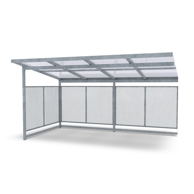 Επεκτείνετε το στέγαστρο ποδηλάτων Nova για να δημιουργήσετε χώρο για ακόμη περισσότερα ποδήλατα ή χρησιμοποιήστε τον χώρο ως στέγαστρο για καρότσια ή ως σταθμό διαλογής απορριμμάτων. Αυτή η παραλλαγή διαθέτει ίσια πλαστική οροφή.